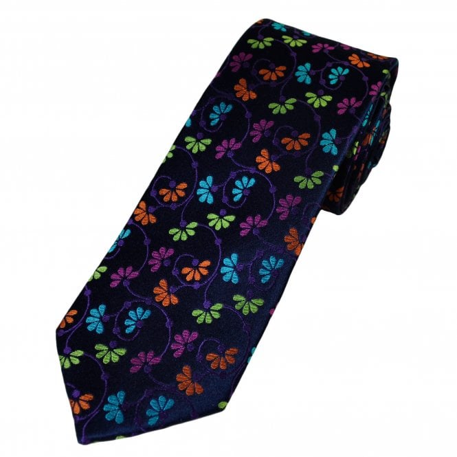 Tresanti Reale Navy Blue, Purple, Pink, Turquoise, Lime Green & Orange Floral Pattern Men's Silk Designer Tie