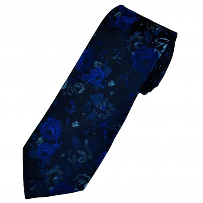 Tresanti Reale Navy Blue, Royal Blue & Grey Roses Patterned Men's Silk Tie