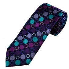 Tresanti Reale Navy Blue, Turquoise, Purple, Plum Fuchsia Pink & Lilac Circle & Dot Pattern Men's Silk Tie 