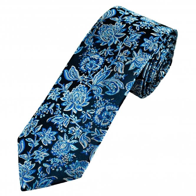 Tresanti Reale Navy Blue with Silver & Blue Flowers Men's Silk Designer Tie