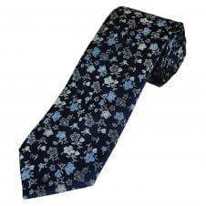 Tresanti Reale Navy, Grey, Silver & Blue Flower Pattern Men's Silk Designer Tie