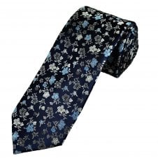 Tresanti Reale Navy, Grey, Silver & Light Blue Floral Pattern Men's Silk Designer Tie
