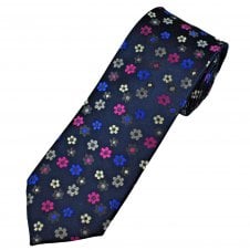 Tresanti Reale Navy, Royal Blue, Pink, Grey & Silver Flower Pattern Men's Silk Designer Tie