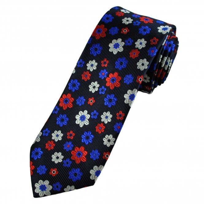 Tresanti Reale Navy, Royal Blue, Silver Grey & Red Flower Pattern Silk Men's Designer Tie
