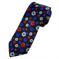 Tresanti Reale Navy, Royal Blue, Silver Grey & Red Flower Pattern Silk Men's Designer Tie