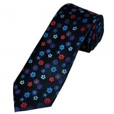 Tresanti Reale Navy, Royal Blue, Sky Blue, Red & Plum Flower Patterned Silk Designer Tie