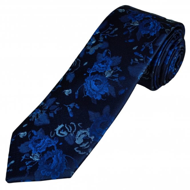 Tresanti Reale Navy, Royal & Light Blue Rose Floral Pattern Men's Silk Designer Tie