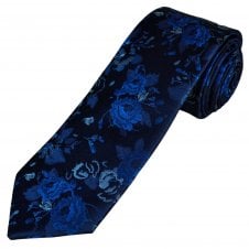 Tresanti Reale Navy, Royal & Light Blue Rose Floral Pattern Men's Silk Designer Tie