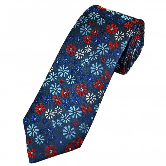 Tresanti Reale Navy with Red, Blue & Silver Floral Butterfly Pattern Men's Silk Designer Tie