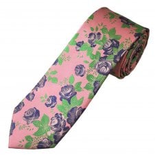 Tresanti Reale Pink, Green & Navy Blue Roses Patterned Men's Silk Tie