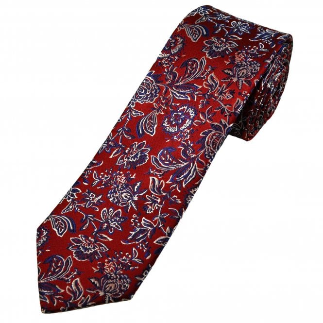 Tresanti Reale Red, Navy Blue & Silver White Floral Pattern Men's Silk Tie