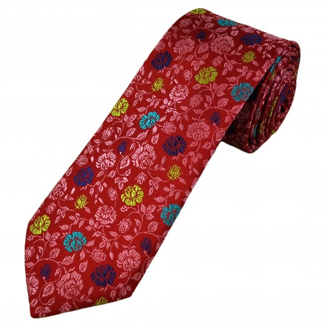 Tresanti Reale Red, Pink, Royal Blue, Turquoise & Lime Green Flower Pattern Men's Silk Tie