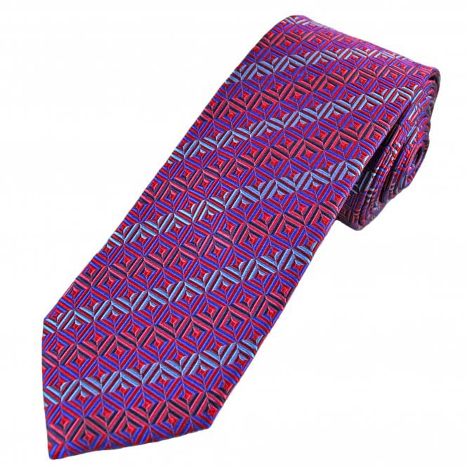 Tresanti Reale Red & Shades of Blue Geometric Pattern Men's Silk Designer Tie