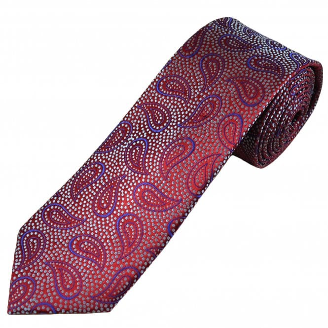 Tresanti Reale Red, Silver Blue & Royal Blue Dots & Paisley Pattern Men's Silk Tie