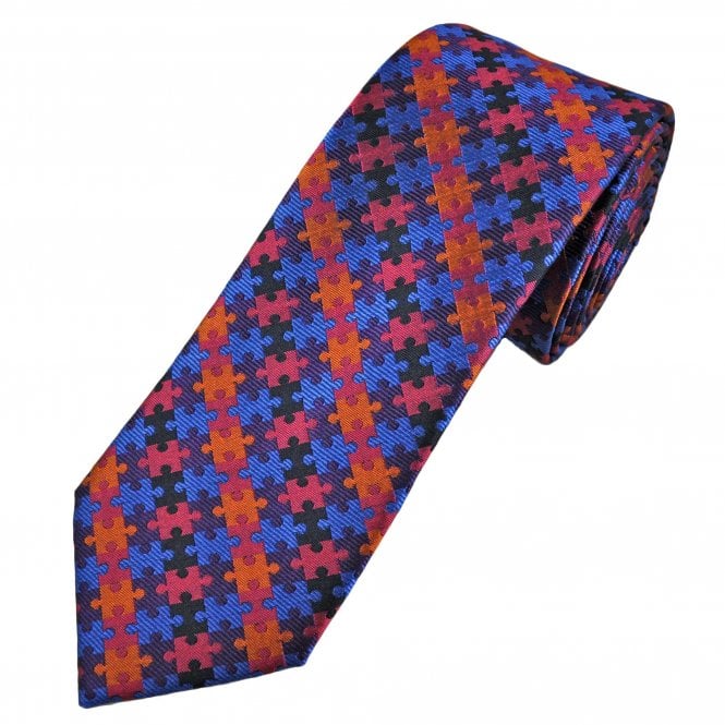 Tresanti Reale Royal Blue, Navy, Coral Pink, Orange & Purple Jigsaw Pattern Men's Silk Tie