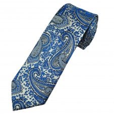 Tresanti Reale Shades of Blue, Silver & White Paisley Pattern Silk Men's Designer Tie