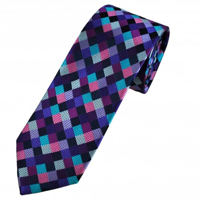 Tresanti Reale Shades Of Purple, Navy Blue, Pink & Turquoise Square Patterned Men's Silk Tie