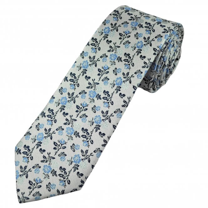 Tresanti Reale Silver, Navy & Light Blue Flower Pattern Men's Silk Tie