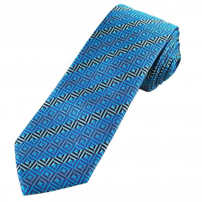 Tresanti Reale Silver, Teal Green & Shades of Blue Geometric Pattern Men's Silk Designer Tie