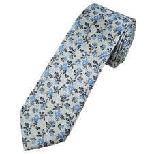 Tresanti Reale Silver White with Navy & Blue Rose Pattern Silk Men's Designer Tie