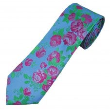 Tresanti Reale Sky Blue, Fuchsia Pink & Green Roses Floral Pattern Men's Silk Tie