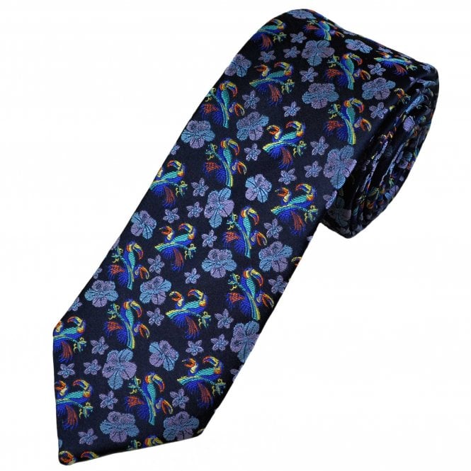 Tresanti Reale Toucans & Hibiscus Flowers Navy Blue Men's Silk Tie