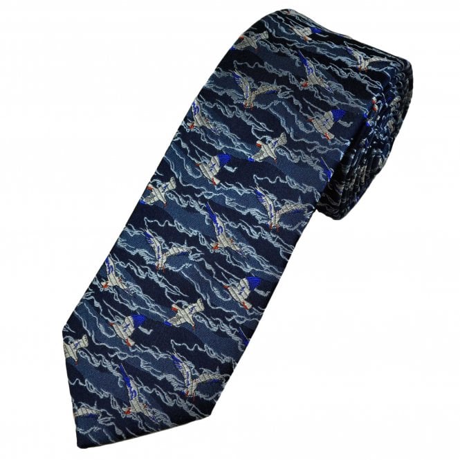 Tresanti Reale Waves & Sea Gulls Birds Flying Dark Blue Men's Silk Tie