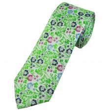 Tresanti Reale White, Green, Navy, Light Blue & Fuchsia Pink Flowers & Leaves Patterned Men's Silk Tie