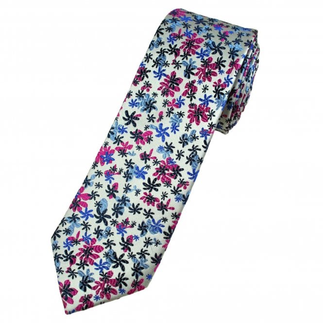 Tresanti Reale White, Shades of Blue & Pink Floral Pattern Silk Men's Designer Tie