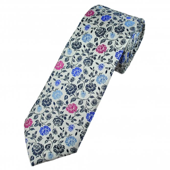 Tresanti Reale White, Shades of Blue & Pink Rose Pattern Silk Men's Designer Tie