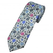 Tresanti Reale White, Shades of Blue & Pink Rose Pattern Silk Men's Designer Tie