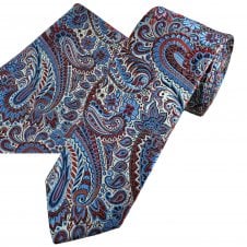 Tresanti Red, Blue, Navy Blue & Silver Paisley Pattern Men's Silk Tie & Pocket Square Handkerchief Set