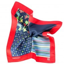 Tresanti Red & Navy Blue 4-Way Printed Silk Pocket Square Handkerchief