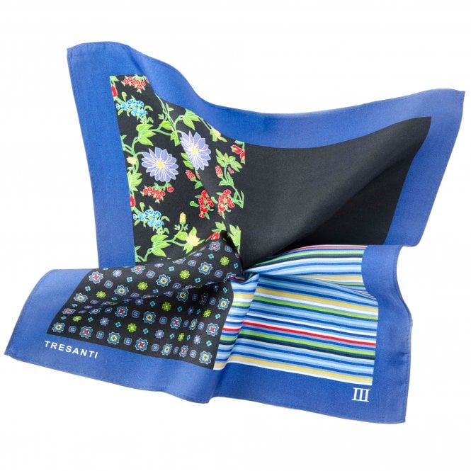 Tresanti Royal Blue & Black 4-Way Printed Silk Pocket Square Handkerchief