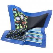 Tresanti Royal Blue & Black 4-Way Printed Silk Pocket Square Handkerchief