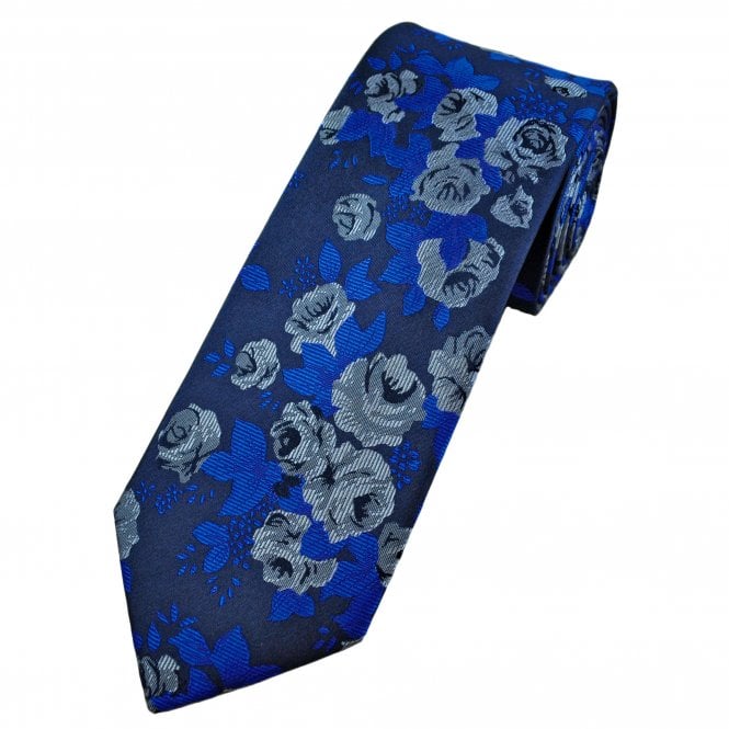 Tresanti Shades of Blue & Grey Roses Flower Pattern Men's Designer Silk Tie
