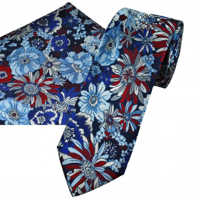 Tresanti Shades of Blue, Red & Silver Flower Pattern Men's Designer Silk Tie & Pocket Square Handkerchief Set