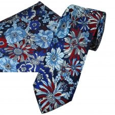 Tresanti Shades of Blue, Red & Silver Flower Pattern Men's Designer Silk Tie & Pocket Square Handkerchief Set