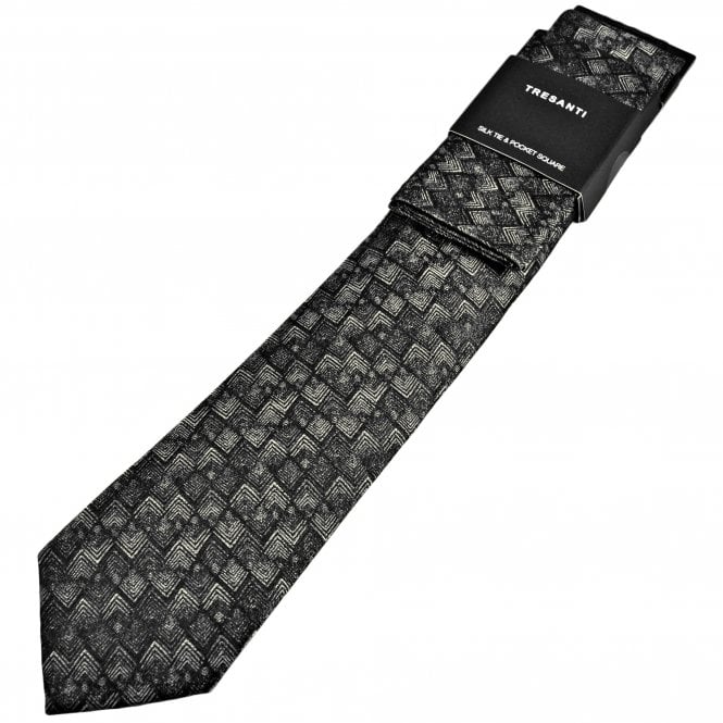 Tresanti Shades of Grey Patterned Men's Designer Silk Tie & Pocket Square Handkerchief Set