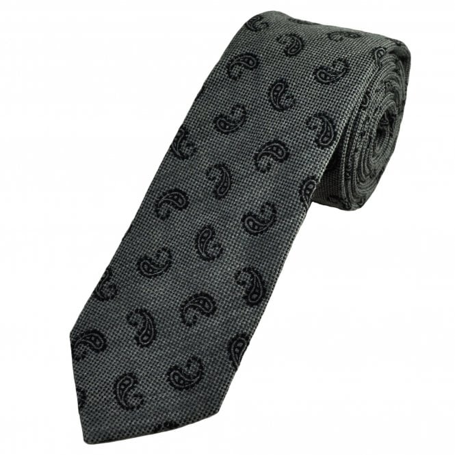 Tresanti Silver Grey with Black Paisley Pattern Wool Blend Men's Designer Tie