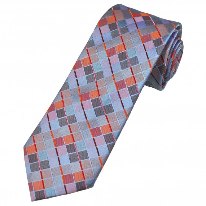 Tresanti Silver, Orange, Baby Pink, Coral, Red & Burgundy Checked Men's Silk Tie
