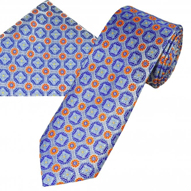 Tresanti Silver, Royal Blue, Light Blue, Yellow & Orange Patterned Men's Silk Tie & Pocket Square Handkerchief Set