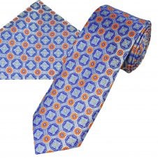 Tresanti Silver, Royal Blue, Light Blue, Yellow & Orange Patterned Men's Silk Tie & Pocket Square Handkerchief Set