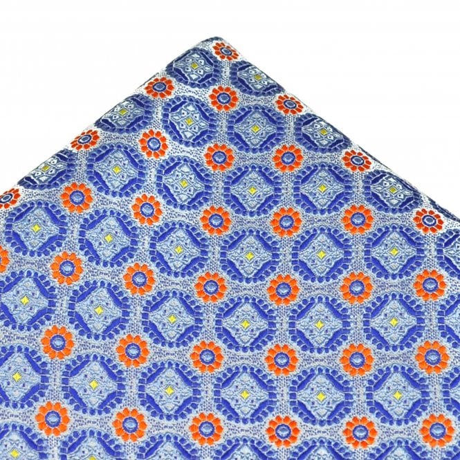 Tresanti Silver, Royal Blue, Light Blue, Yellow & Orange Patterned Silk Pocket Square Handkerchief