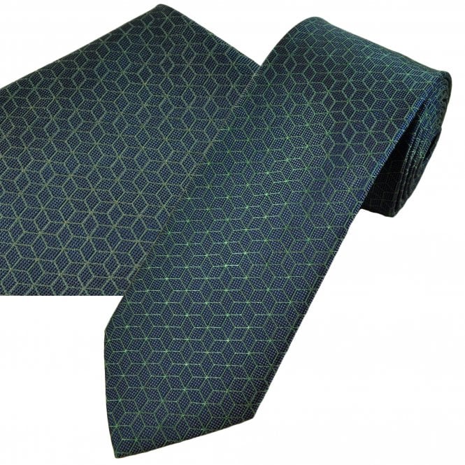 Tresanti Slate Grey & Green Cube Pattern Men's Designer Silk Tie & Pocket Square Handkerchief Set