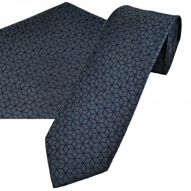 Tresanti Slate Grey & Navy Blue Cube Pattern Men's Designer Silk Tie & Pocket Square Handkerchief Set