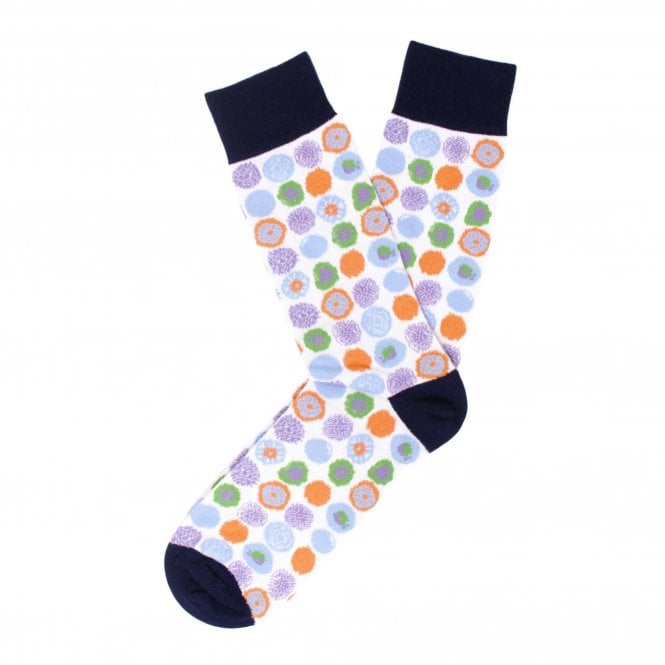 Tresanti White, Navy, Sky Blue, Orange, Green & Lilac Circles Pattern Combed Cotton Men's Socks