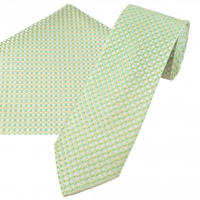 Tresanti Yellow, Green & Ivory Checked Pattern Silk Tie & Pocket Square Handkerchief Set