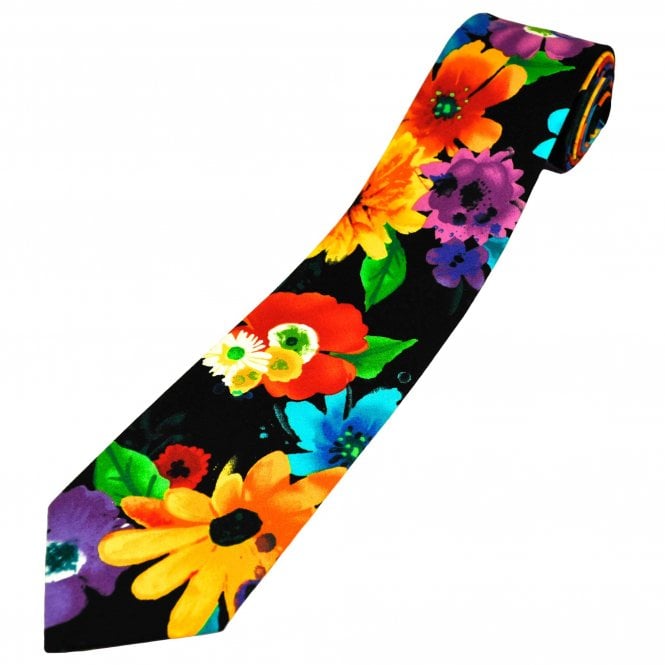 Van Buck Black, Red, Orange, Yellow, Blue, Green & Pink Flower Patterned Cotton Men's Tie