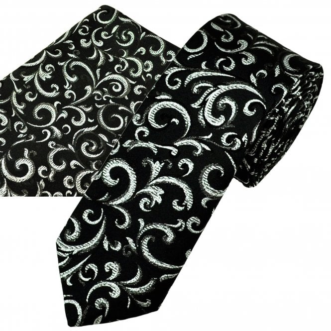Van Buck Black & Silver Regal Patterned Lurex Men's Skinny Tie & Pocket Square Handkerchief Set